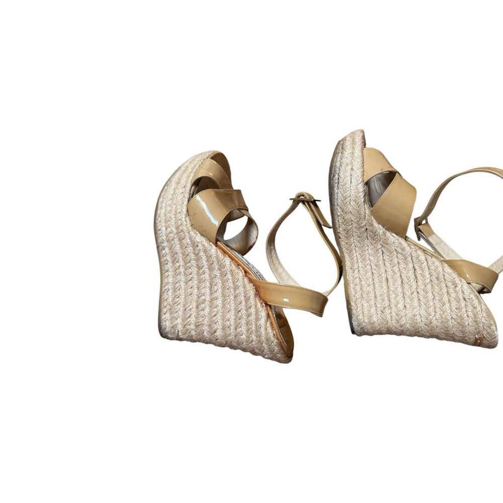 Jimmy Choo Sz 38 Beige Patent Leather Ankle Strap Wedges Strappy - Picture 5 of 14